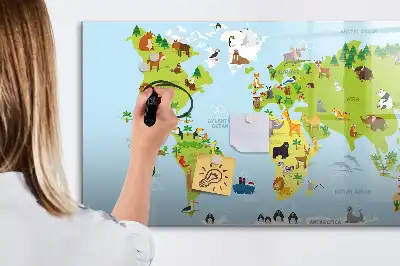 Mapa del mundo con animales pizarra magnética de pared con rotulador
