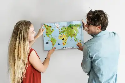 Mapa del mundo con animales pizarra magnética de pared con rotulador