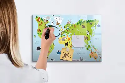 Mapa del mundo con animales pizarra magnética de pared con rotulador