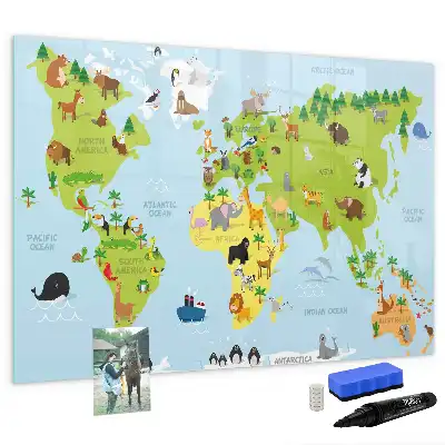 Mapa del mundo con animales pizarra magnética de pared con rotulador