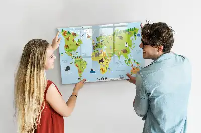 Mapa del mundo con animales pizarra magnética de pared con rotulador