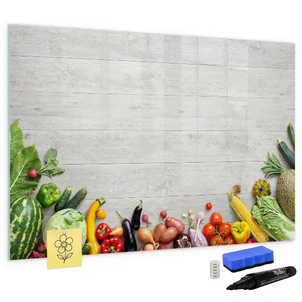 Pizarra de cristal borrable con imanes decorada con motivo de verduras en la mesa