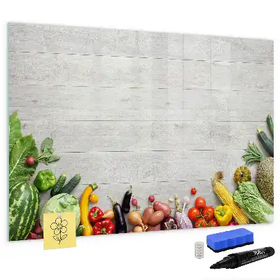 Pizarra de cristal borrable con imanes decorada con motivo de verduras en la mesa
