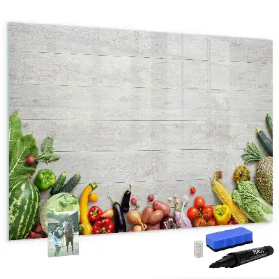 Pizarra de cristal borrable con imanes decorada con motivo de verduras en la mesa