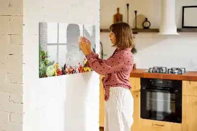 Pizarra de cristal borrable con imanes decorada con motivo de verduras en la mesa
