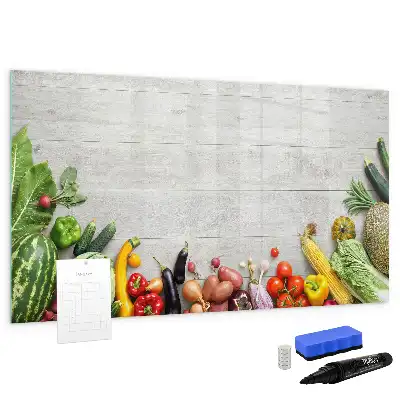 Pizarra de cristal borrable con imanes decorada con motivo de verduras en la mesa