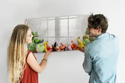 Pizarra de cristal borrable con imanes decorada con motivo de verduras en la mesa