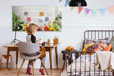 Pizarra de cristal borrable con imanes decorada con motivo de verduras en la mesa