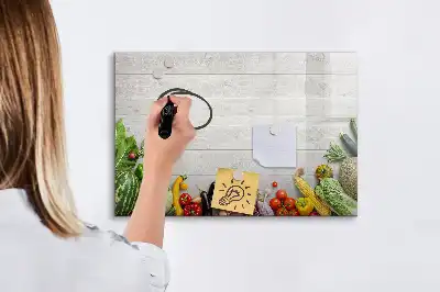 Pizarra de cristal borrable con imanes decorada con motivo de verduras en la mesa