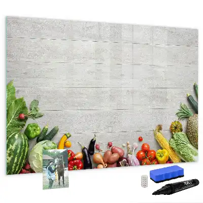 Pizarra de cristal borrable con imanes decorada con motivo de verduras en la mesa