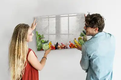 Pizarra de cristal borrable con imanes decorada con motivo de verduras en la mesa