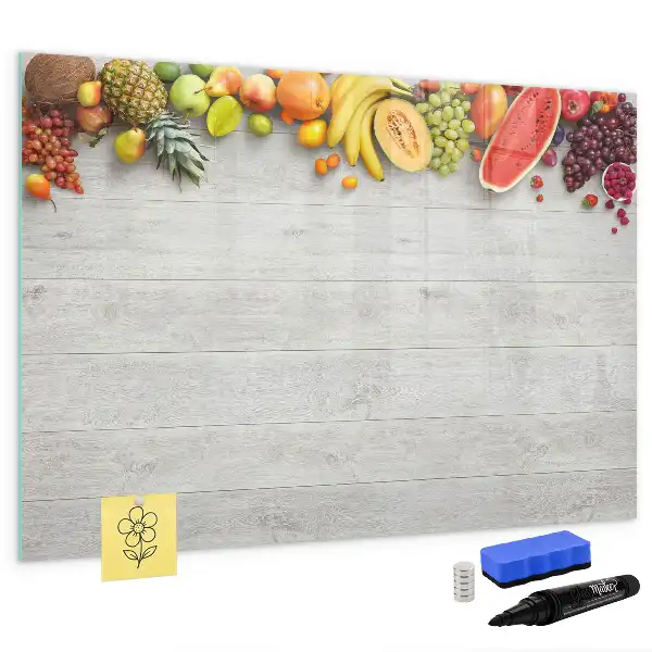 Pizarra de cristal magnética borrable con diseño de frutas en la mesa