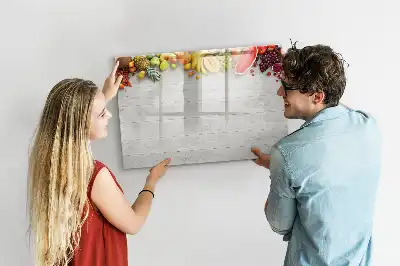 Pizarra de cristal magnética borrable con diseño de frutas en la mesa