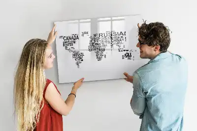 Pizarra de cristal borrable con imanes diseño con nombres de continentes formados por letras