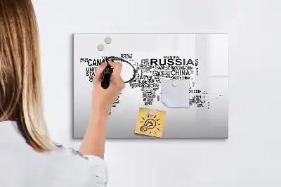 Pizarra de cristal borrable con imanes diseño con nombres de continentes formados por letras