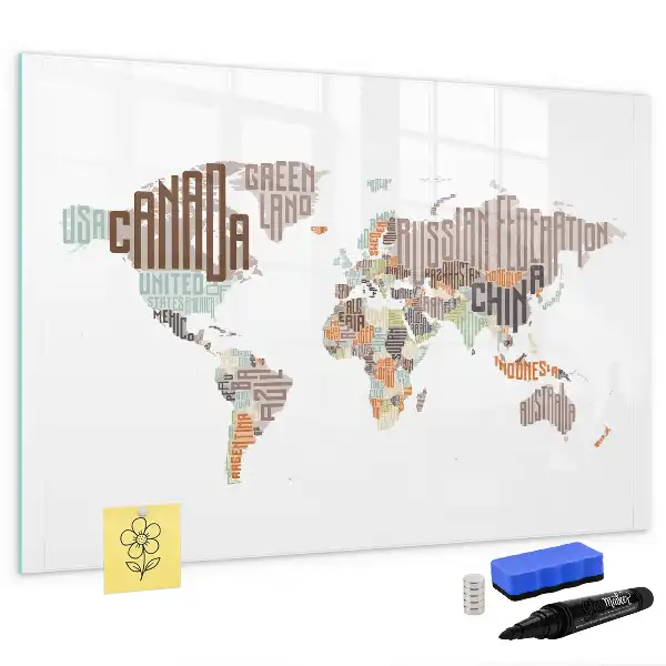 Pizarra borrable de cristal con imanes mapa con letras coloridas