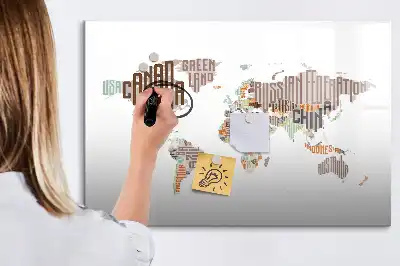 Pizarra borrable de cristal con imanes mapa con letras coloridas