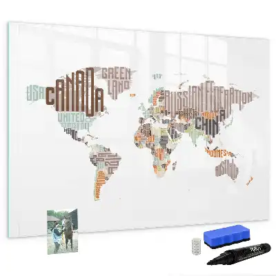 Pizarra borrable de cristal con imanes mapa con letras coloridas