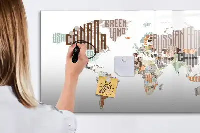 Pizarra borrable de cristal con imanes mapa con letras coloridas