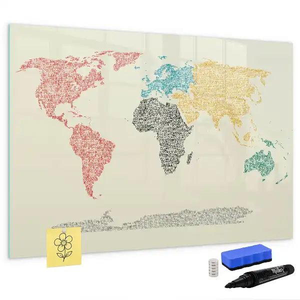 Mapa del mundo hecho de letras pizarra magnética de pared con rotulador