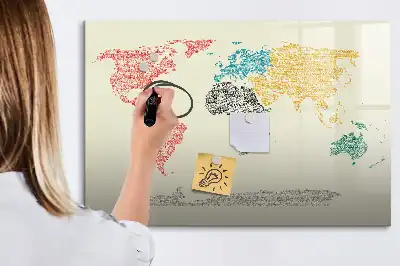 Mapa del mundo hecho de letras pizarra magnética de pared con rotulador