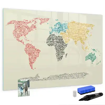 Mapa del mundo hecho de letras pizarra magnética de pared con rotulador