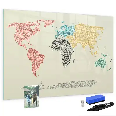 Mapa del mundo hecho de letras pizarra magnética de pared con rotulador