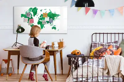 Pizarra magnética de pared con rotulador diseño mapa del mundo verde