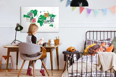 Pizarra magnética de pared con rotulador diseño mapa del mundo verde