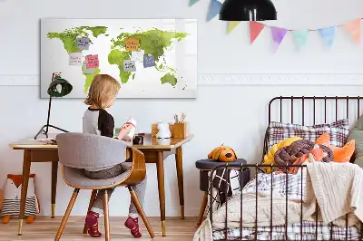 Pizarra de cristal borrable con imanes diseño de mapa del mundo en acuarela