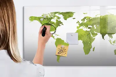 Pizarra de cristal borrable con imanes diseño de mapa del mundo en acuarela