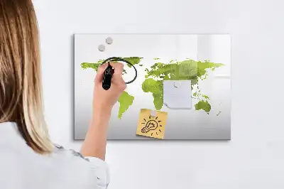 Pizarra de cristal borrable con imanes diseño de mapa del mundo en acuarela