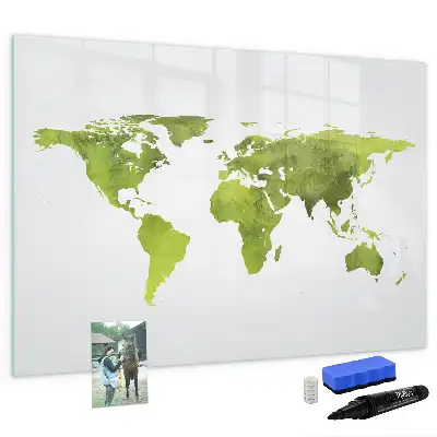 Pizarra de cristal borrable con imanes diseño de mapa del mundo en acuarela
