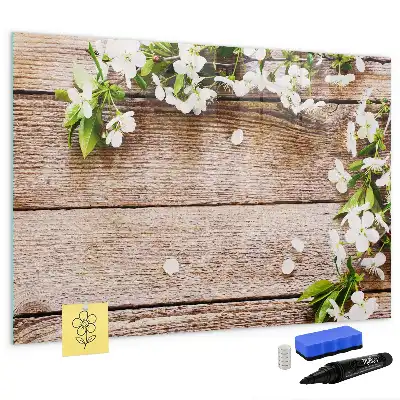Pizarra de cristal magnética borrable con diseño de flores sobre madera
