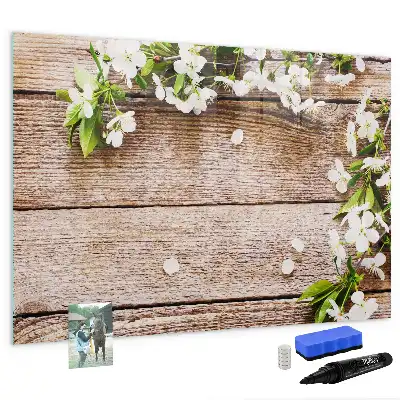 Pizarra de cristal magnética borrable con diseño de flores sobre madera