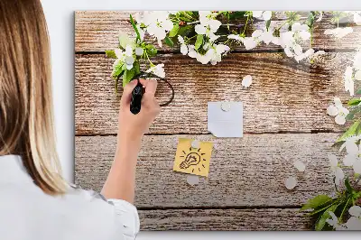 Pizarra de cristal magnética borrable con diseño de flores sobre madera
