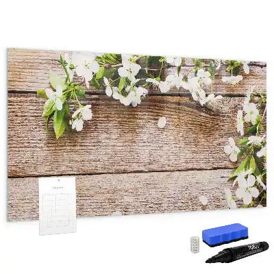 Pizarra de cristal magnética borrable con diseño de flores sobre madera