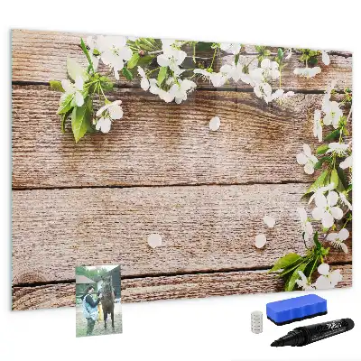 Pizarra de cristal magnética borrable con diseño de flores sobre madera