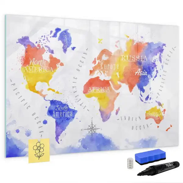 Pizarra de cristal borrable con imanes de mapa del mundo en acuarela