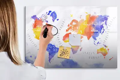 Pizarra de cristal borrable con imanes de mapa del mundo en acuarela