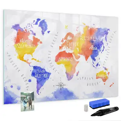 Pizarra de cristal borrable con imanes de mapa del mundo en acuarela