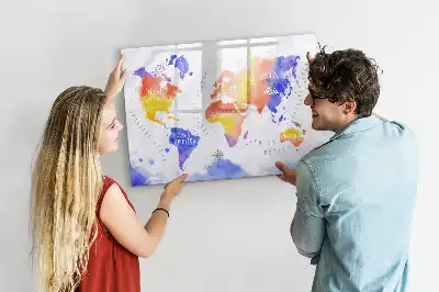 Pizarra de cristal borrable con imanes de mapa del mundo en acuarela