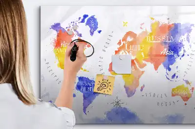 Pizarra de cristal borrable con imanes de mapa del mundo en acuarela