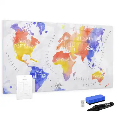 Pizarra de cristal borrable con imanes de mapa del mundo en acuarela