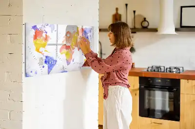 Pizarra de cristal borrable con imanes de mapa del mundo en acuarela