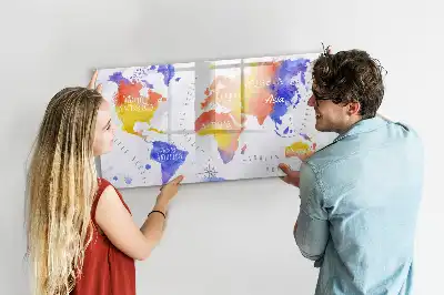 Pizarra de cristal borrable con imanes de mapa del mundo en acuarela
