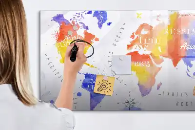 Pizarra de cristal borrable con imanes de mapa del mundo en acuarela