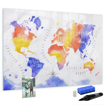 Pizarra de cristal borrable con imanes de mapa del mundo en acuarela