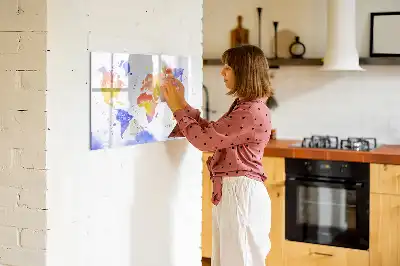 Pizarra de cristal borrable con imanes de mapa del mundo en acuarela