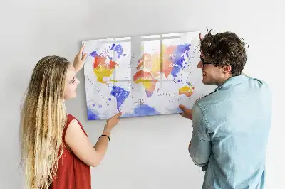 Pizarra de cristal borrable con imanes de mapa del mundo en acuarela
